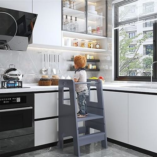 Toddler Tower – Montessori Step Stool for Toddlers with Safety Guardrails, Adjustable Kids Kitchen Stool Helper for Cooking & Learning (Grey)