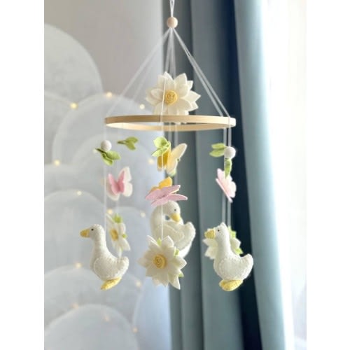 Geese with Flowers Baby Mobile — Nursery Mobile with Flowers, Butterflies and Geese — Cute Baby Shower Gift