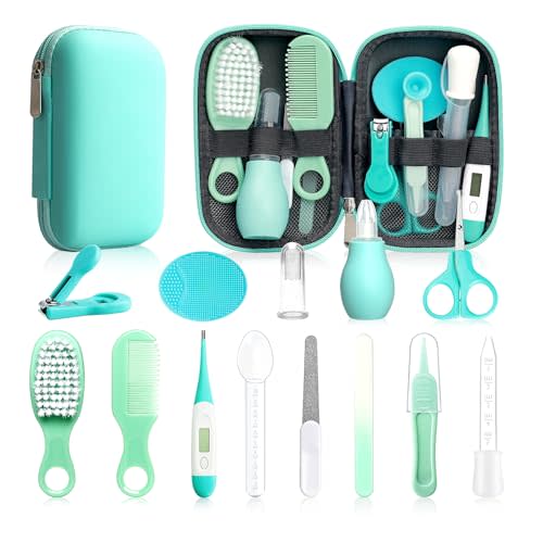 Baby Healthcare and Grooming Kit, 14 in 1 Baby Safety Set Newborn Nursery Health Care Set with Hair Brush Scale Nail Clippers for Baby Girls Boys(14 Kits Green)