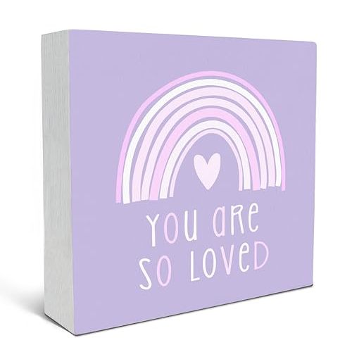 SRADMO You Are So Loved Rainbow Heart Wood Box Sign Desk Decor, Purple Kids Inspirational Quotes Wooden Block Box Sign Decoration for Kids Room Nursery Playroom Shelf Table Decorative Accessories