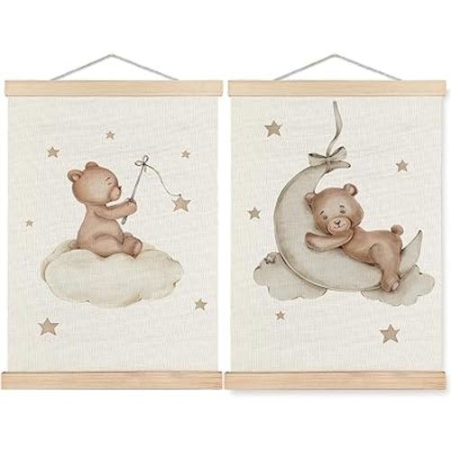 SPBL&L Bear Nursery Wall Art, Baby Bear Poster Hanger Frame, Neutral Moon and Star Cloud Bears Hanging Canvas Pictures Prints Wall Decor for Kids Room Nursery Playroom, 12x16 Inch Set of 2