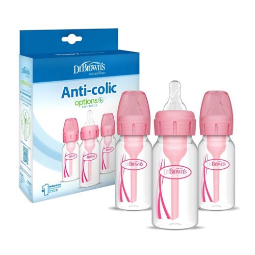 Dr. Brown's 4oz Anti-Colic Options+ Narrow Baby Bottle with Level 1 Slow Flow Nipple - 3pk - Pink - BPA-Free, Silicone Nipple