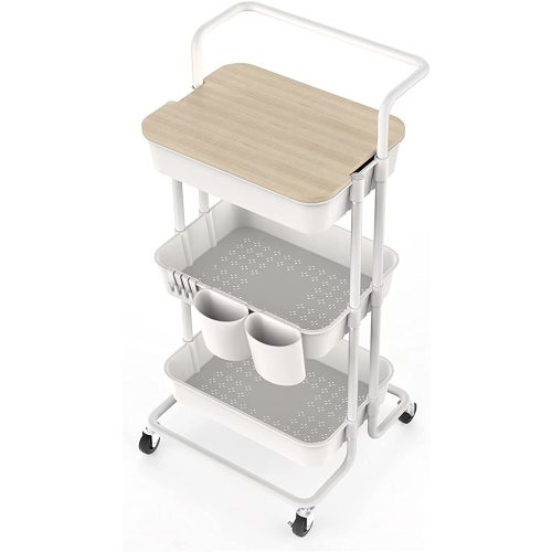 DTK 3 Tier Utility Rolling Cart with Cover Board, Rolling Storage Cart with Handle and Locking Wheels Kitchen Cart with 2 Small Baskets and 4 Hooks for Bathroom Office Balcony Living Room(White)