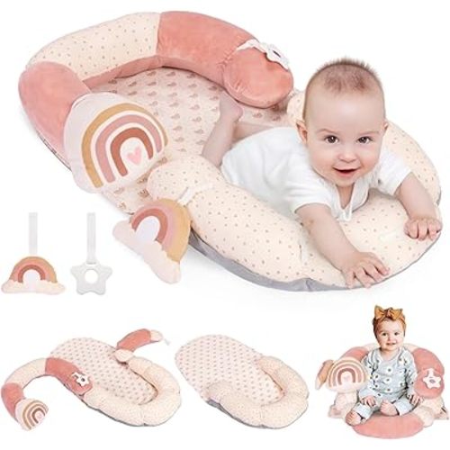 4 in 1 Tummy Time Mat & Seated Support Pillows, Play Mat, Sitting Support for Newborn 0-12 Months, Baby Sit Me Up Floor Seat, Sensory Development Gifts Tummy Time Play Toys, Rainbow