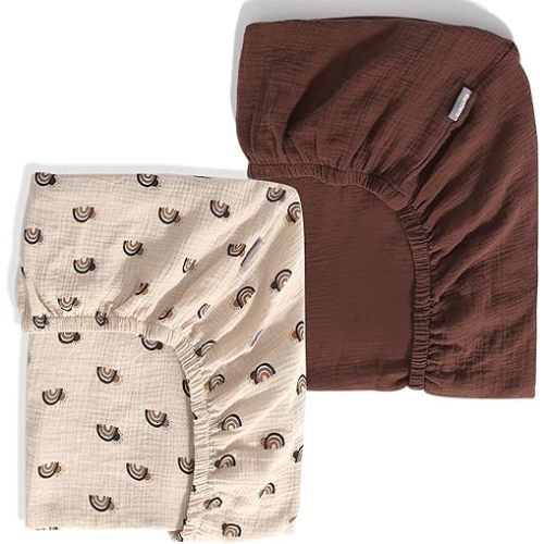 Breathable Muslin Crib Sheets for Boys 2 Pack Organic Cotton Crib Sheets Neutral for Baby Girls Soft Sheets Fitted Toddler Bed&Standard Crib Mattress 28"x 52"(Brown&Rainbow)