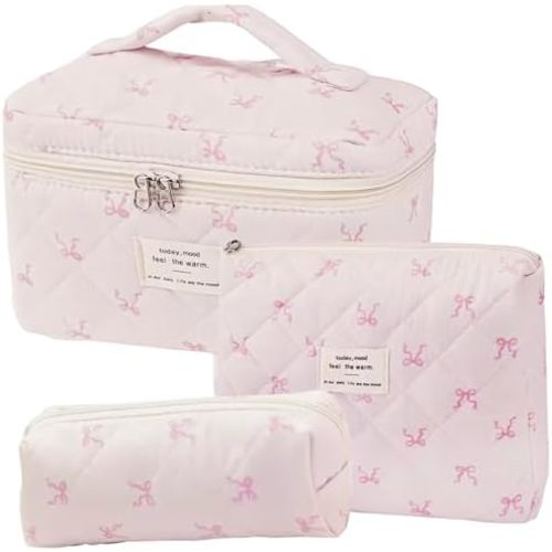 3 Pcs Quilted Makeup Bag,Bow Makeup Bag,Coquette Makeup Bag,Floral Makeup Bag Set,Large Toiletry Cosmetic Bag Makeup Bag Organizer for Women Girls (I-3PCS)