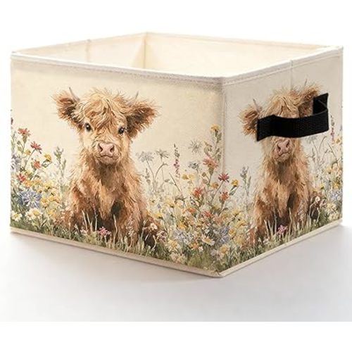 Highland Cow Floral Storage Bins with Handles, Cottagecore Wildflower Highland Cow Collapsible Storage Box Basket Books Clothes Organizer for Nursery Girls Room Bathroom Home