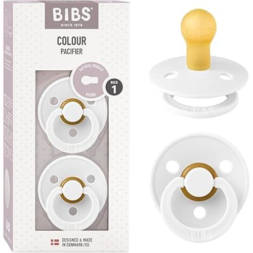 BIBS Pacifiers Colour Collection | Natural Rubber Baby Pacifier | Set of 2 BPA-Free Soothers | Made in Denmark | 0+ Months (Pack of 2) | White