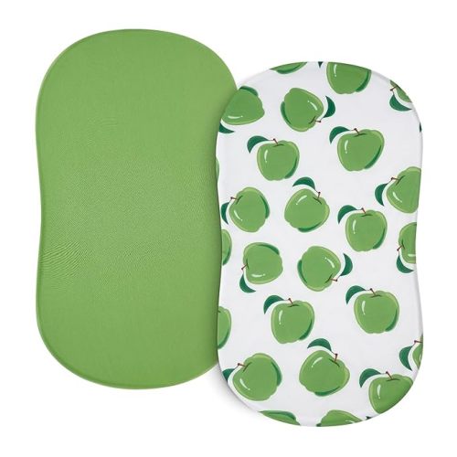 TILLYOU Baby Bassinet Sheets for Girls Boys, Fit for Hourglass Oval Rectangle Bassinet Mattress Sheets, 33”X16”, 2 Pack Green Apple & Fruit Green