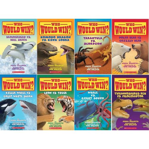 Who Would Win? Series Collection of 8 Books By Jerry Pallotta and Rob Bolster (Includes: Whale Vs. Giant Squid; Tarantula Vs Scorpion; Tyrannosaurus Rex Vs Velociraptor; Komodo Dragon Vs. King Cobra; Lion Vs Tiger;Killer Whale Vs Great White Shark; Hammer