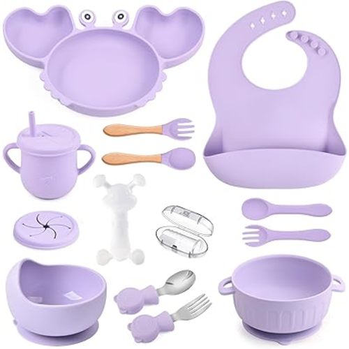 Silicone Baby Feeding Set 15 Pcs,Baby Spoons Suction Bowl Divided Plate Bib Cup Finger Brush Teething Teether,Baby Led Weaning Supplies,Baby & Toddler Silicone Plates and Bowls Dining Set(purple)