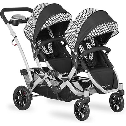 Track Tandem Double Umbrella Stroller in Black & White, Lightweight Double Stroller for Infant and Toddler, Multi-Position Reversible & Reclining Seats, Large Storage Basket and Canopy