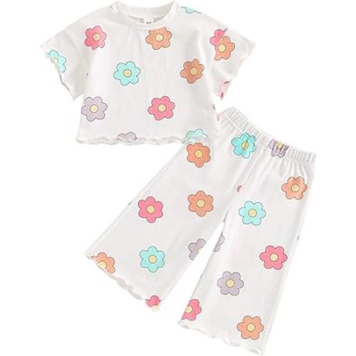 SAYOO Toddler Baby Girls Daisy Clothes Flower Print Batwing Crop Top T-shirt+Wide-Leg Long Pants 2pcs Casual Princess Oufit