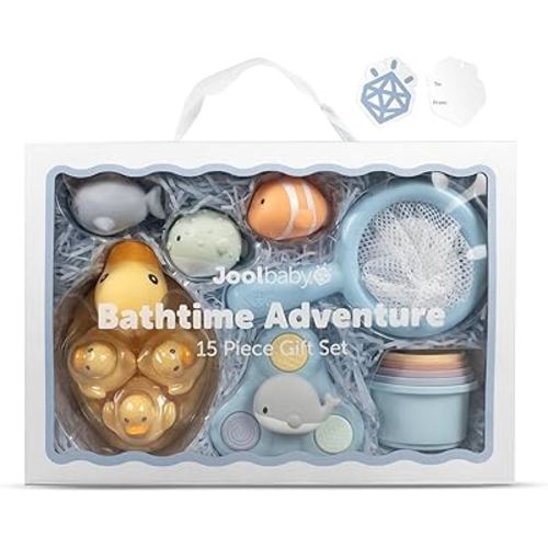 Jool Baby 15-Piece Bathtub Toys Gift Set – Bath Squirts, Rubber Ducks, Whale Fidget Spinner Toy – Bath Toy Storage Organizer Included