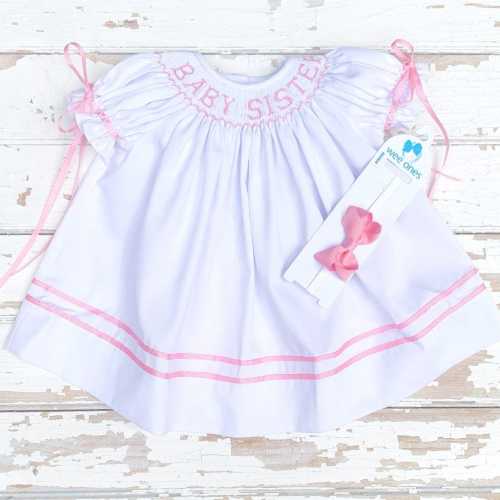 Smocked Baby Sister Bishop Dress White with Pink Hand-Smocking Ribbon Bows Hospital Sibling Coordinating Matching Outfits Gender Reveal Gift