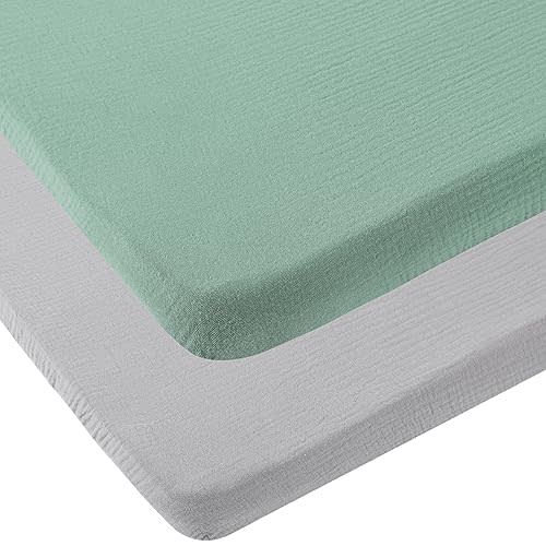 Muslin Pack n Play Sheets Soft Breathable 100% Cotton Mini Crib Fitted Sheets Portable/Convertible Playard Mattress Cover 2 Pack for Baby Boy and Girl, Grey and Green