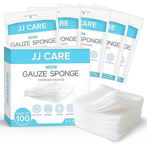 JJ CARE Sterile Gauze Pads 4" x 4" (Pack of 100), 12-Ply Cotton Gauze Pads, Individually-Wrapped Sterile Gauze Sponges, 100% Woven, Non-Stick Medical Gauze Pads for First Aid Kit & Wound Care