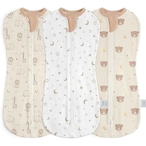 Baby Swaddle 0-2 Months, Cotton Arm-In Zipper Sleep Sack, Wearable Blankets Wrap for Newborn Infant Girls, Boys (Animal, Star Moon, Bear, Pack of 3)