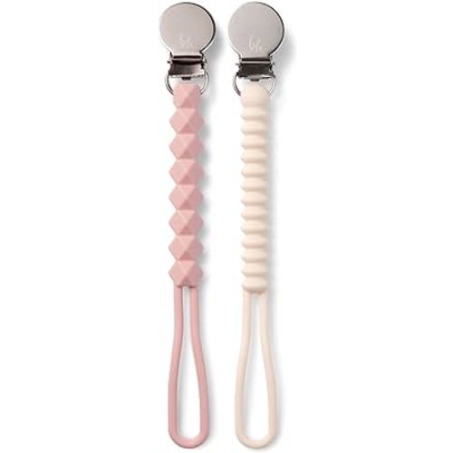 BooginHead Silicone Pacifier Clip Baby Pacifier Holder, 2-Pack, Rose & Cream