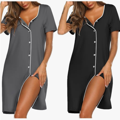 Ekouaer Nightgowns for Women 2 Pack Button Down Sleepshirt Short Sleeve Nightshirt Soft Sleepwear V Neck Pajama Dress