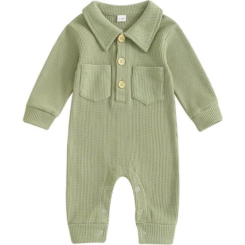 Lesimsam Newborn Baby Boy Waffle Knit Collared Romper Jumpsuit Solid Button Long Sleeve Bodysuit One-Piece Fall Winter Outfit