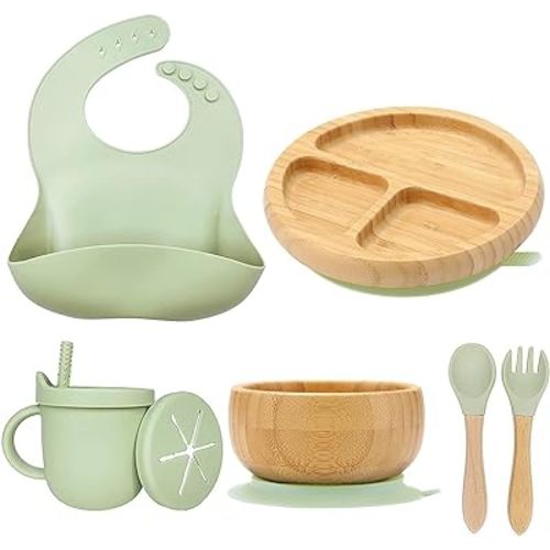 Bamboo Suction Plates for Babies and Bamboo Plates For Kids Baby Feeding and Weaning (Green)