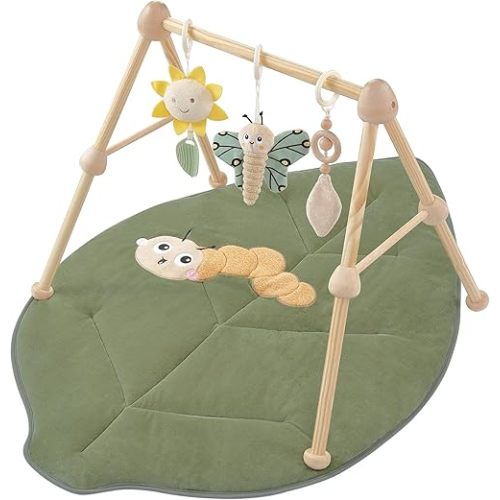 Wooden Baby Gym Cotton Play Mat, 4-in-1 Super Soft Infant Activity Tummy Time Playmat for 0 to 3 6 9 12 36 Months Babies, Removable Toys for Sensory & Motor Skill Development, Leaf