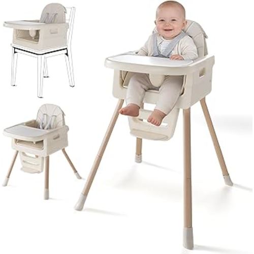 Baby High Chair for 6 Months+, Foldable High Chairs for Babies and Toddlers, Convertible Toddler Chair, Adjustable Tray & Footrest, Lightweight, Stable & Easy to Clean(White with Wood Grain)