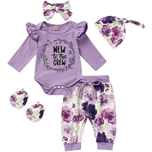 Newborn Baby Girl Outfits Letter Print Long Sleeve Romper+Floral Pants+Hat+Headband+Gloves 5PCS Clothes Set