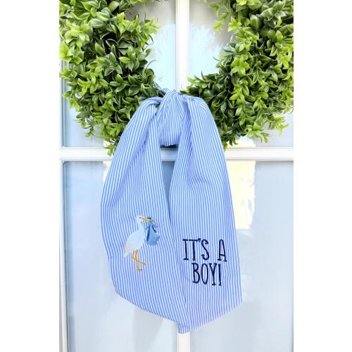 Custom Baby Announcement Wreath Sash | It’s a Girl or It’s a Boy Seersucker Bow | Stork Embroidered Door Decor | Gender Reveal Gift