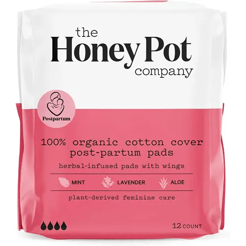 The Honey Pot Company - Herbal Postpartum Pads with Wings - Full Coverage - Herbal Infused w/Essential Oils for Cooling Effect, Organic Cotton Cover, & Ultra-Absorbent - Postpartum Essentials - 12ct