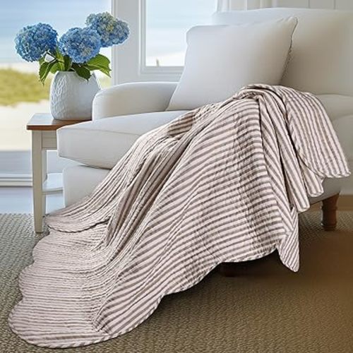 Levtex Home Martha Stripe Taupe Quilted Reversible Throw (50x60in) - Stripe Bedding - Taupe, White - Cotton Throw - Scalloped Edge