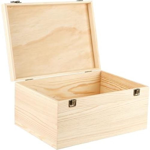 DAJAVE Unfinished Wooden Box 13.8x9.8x6.7Inch Large Wooden Box with Hinged Lid and Front Clasp, Pine Wood Box DIY Craft Boxes for Arts Hobbies and Home Storage
