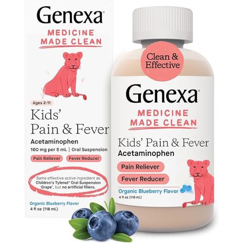 Genexa Kids’ Pain and Fever Reducer | Childrens Acetaminophen, Dye Free, Liquid Oral Suspension Medicine | Delicious Organic Blueberry Flavor | 160 mg per 5mL | 4 Fluid Ounces