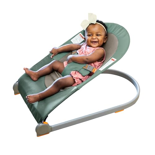 Boon Slant Portable Baby Bouncer - Folding Baby Seat for Infants - Lightweight Portable Baby Chair with Machine Washable Fabric and 3-Point Harness - Dark Green