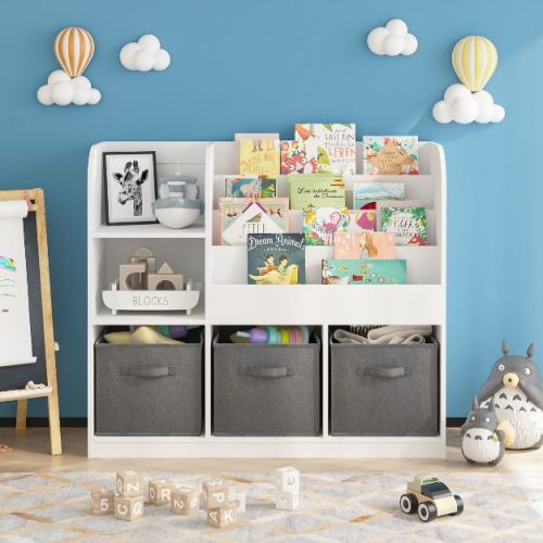 Kids Bookshelf,Book Rack with 3 Gray Collapsible Fabric Storage Bins,Book Display Rack and Toy Storage Organizer for Bedroom Nursery-Baofuwish