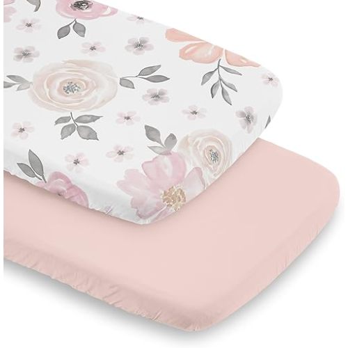 Sweet Jojo Designs 2-Piece Baby Bassinet Sheets Set (Pink/Grey Boho Floral) for Girls, Infant Nursery, Newborn Room - Oval Rectangle Hourglass Mattress (Solid Color, Bohemian, Farmhouse, Chic, Flower)