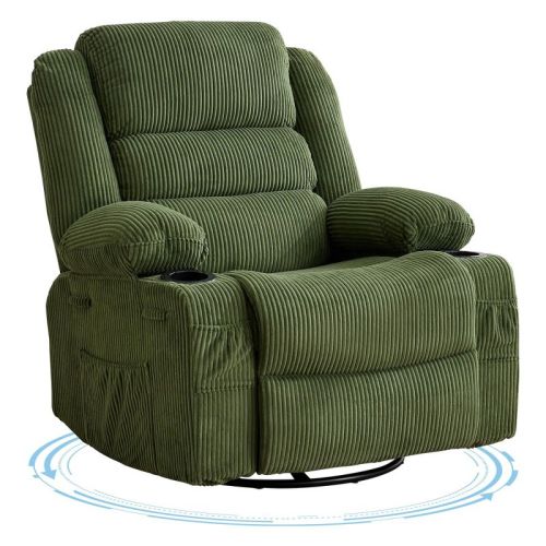 Rocking Recliner Chair for Adults, 360° Swivel Rocker with Cup Holder, Corduroy Upholstered Deep Seat Nursery Glider, Green