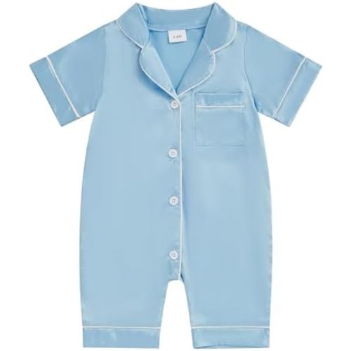 Multitrust Newborn Baby Boy Girl Silk Pajamas Short Sleeve Button Up Satin Pjs One Piece Romper Onesie Shorts Baby Sleepwears