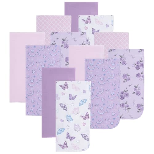 EVERYDAY KIDS 12 Pack Burp Cloths for Baby Girl; Newborn Essential with - Large Absorbent Cotton Flannel Purple/Pink Burping Cloths for Babies with Butterfly, Floral and Rainbow Prints and Solids