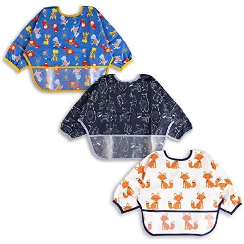 3-Pc Long Sleeved Bibs for Boys | Waterproof Bibs with Pocket & Crumb Catcher | Stain & Odor Resistant Play Smock (6-24M)