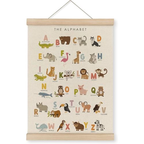 MAQIKA ABC Alphabet Nursery Poster Framed with Wood Hanger,Alphabet Banner, Alphabet Poster for Toddlers, Kids Abc Animal Hanging Wall Decor,Nursery Canvas Wall Art Paints for Nursery Kids 12x16 Inch