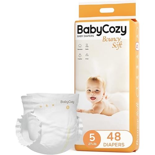 Baby Diapers Size 5 (27+lb),48 Count Babycozy Dry Disposable Diapers Bouncy Soft,0.8D Softer Touch Diapers and 10 Micron Velvet Soft Fiber Diapers Hypoallergenic for Sensitive Infant Skin