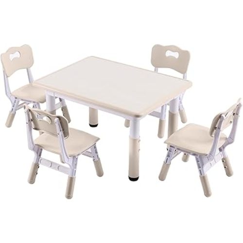 Height-Adjustable Kids Table and 4 Chairs Set, Toddler Table and Chair Set with Graffiti Desktop, 31.5''L x 23.6''W Children Activity Table for Daycare, Classroom, Home