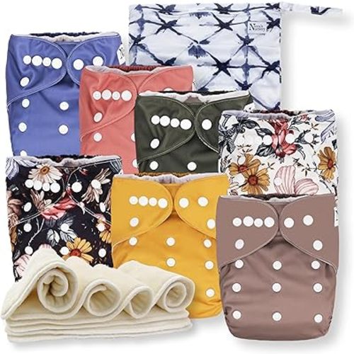 Nora's Nursery Cloth Diapers 7 Pack with 7 Inserts & 1 Wet Bag - Waterproof Cover, Washable, Reusable & One Size Adjustable Pocket Diapers for Newborns and Toddlers - Harlow