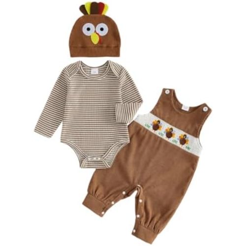 Baby Boy Thanksgiving Outfit Newborn Stripe Romper+Turkey Overall Pants+Hat