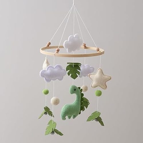 Mobile for Crib – Handmade Dinosaur Jungle Baby Mobile with Leaves & Stars, Baby Mobile for Crib Felt Hanging Toy Nursery Mobiles with Beech Wood Ring, Bassinet Mobile Dino Nursery Decor
