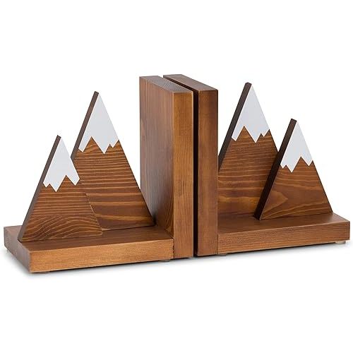 Mountain Bookends - Mountain Decor for Shelves - Adventure Decor Wooden Book Ends - Woodland Nursery Decor - Non Slip Decorative Bookends for Heavy Books, Rustic Office Decor