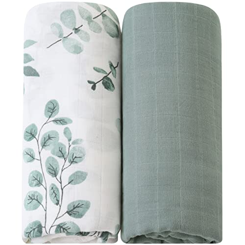 LifeTree Muslin Swaddle Blankets, 2 Pack Baby Swaddling Receiving Blanket for Boys & Girls, 70% Viscose from Bamboo & 30% Cotton, Large 47" X 47" Eucalyptus Leaves/Sage