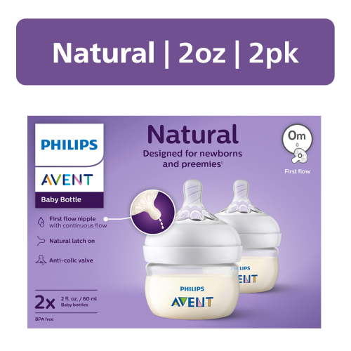 Philips AVENT Natural Baby Bottles 2oz with First Flow Nipple, 2 Pack